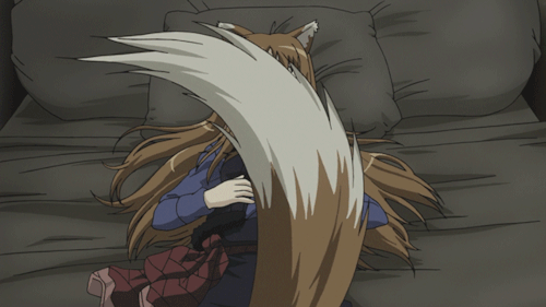 clip of holo from the anime 'spice and wolf' lying on her bed with her tail wagging